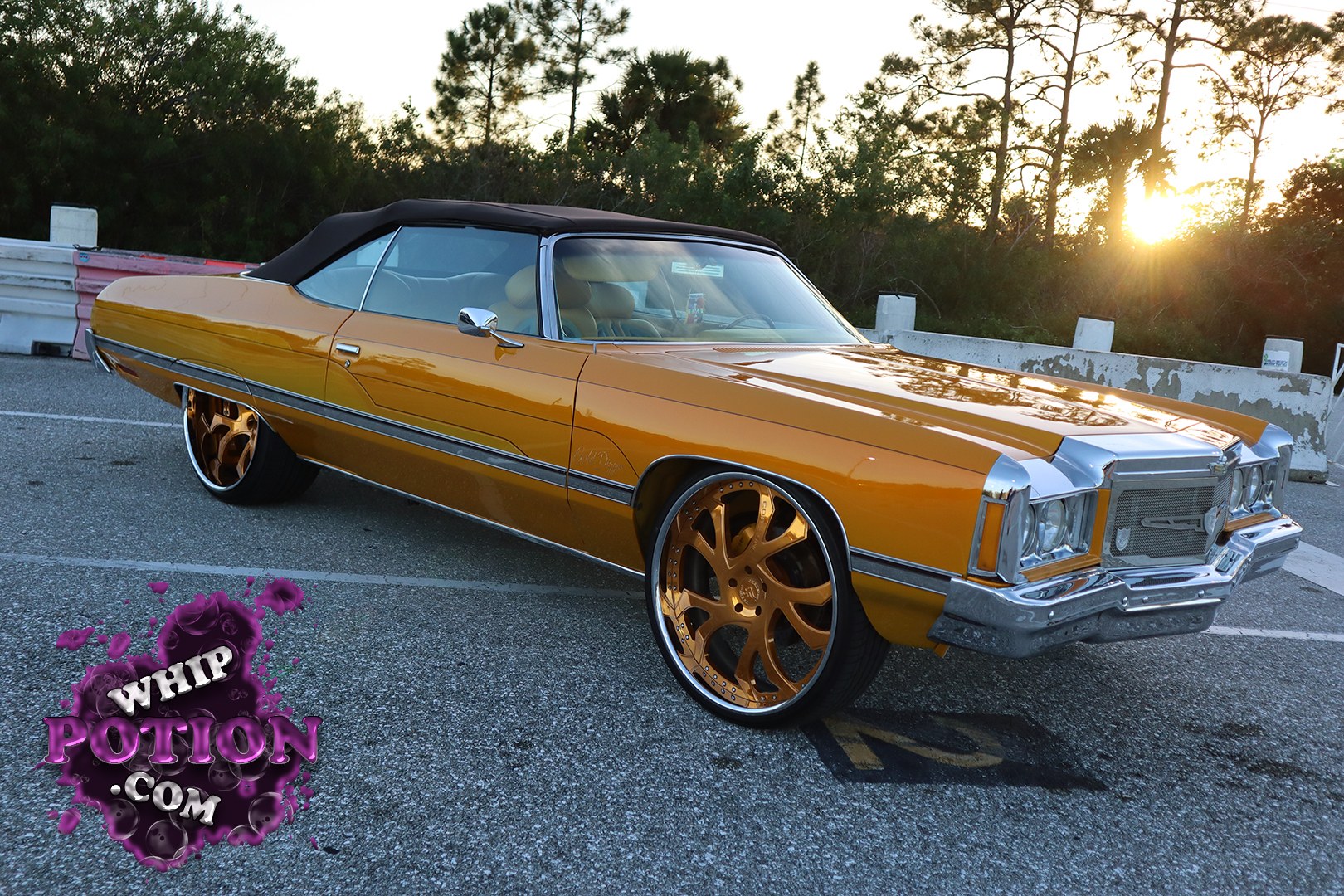 This classic Cadillac Eldorado convertible wears a rich gold finish with a black top and sits on oversized bronze-and-chrome wheels that give it a bold cruiser stance. The long, low body lines, vertical headlight treatment, and heavy chrome nose keep the old-school luxury feel intact while the custom wheel setup adds a modern show-car edge.