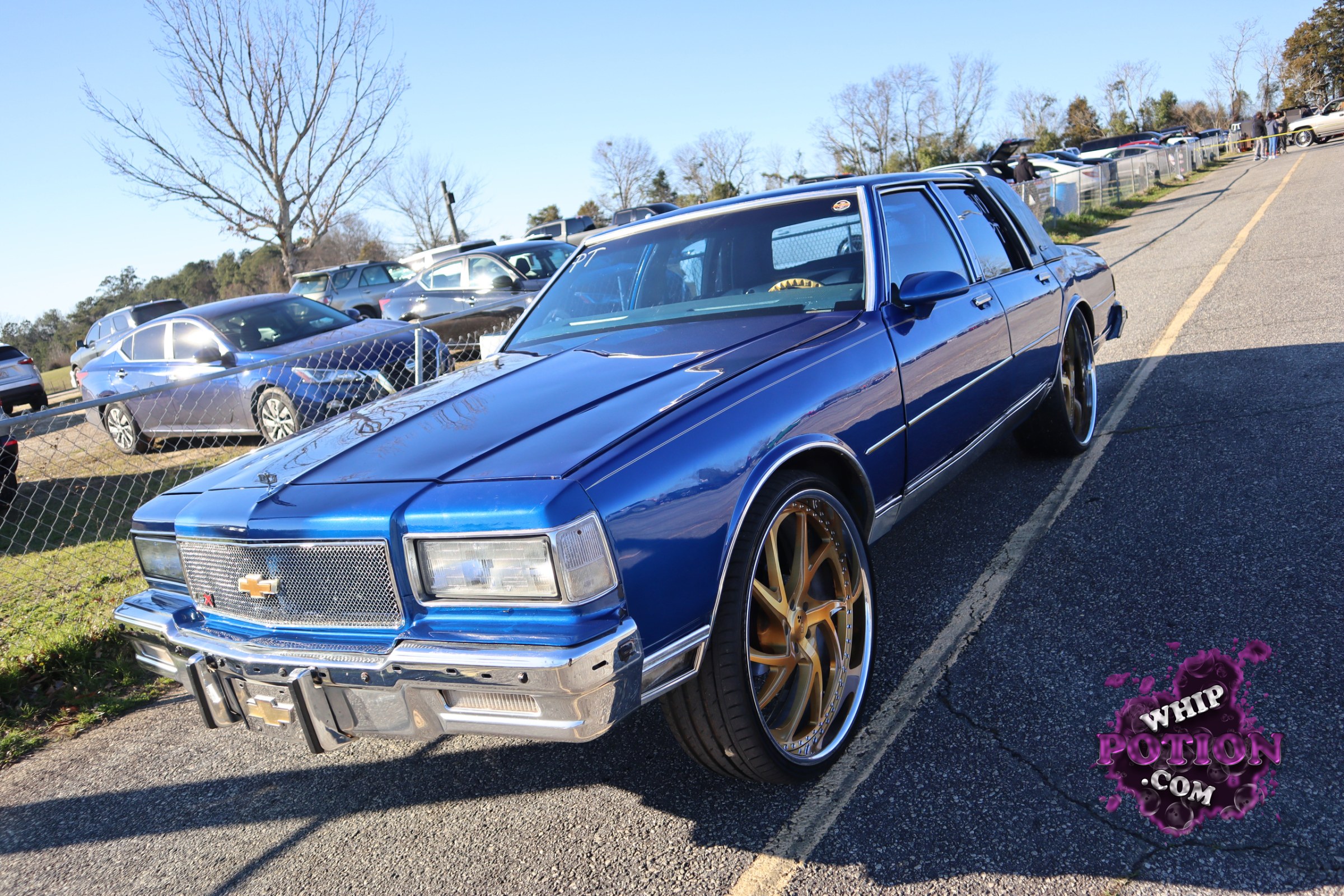 A clean blue Chevrolet Caprice sedan sits on oversized gold multi-spoke wheels, with a tidy lowered stance and a sharp chrome grille that really sets off the front end. The glossy paint, dark-tinted windows, and polished trim give it a simple but well-executed street build that looks dialed in from every angle.